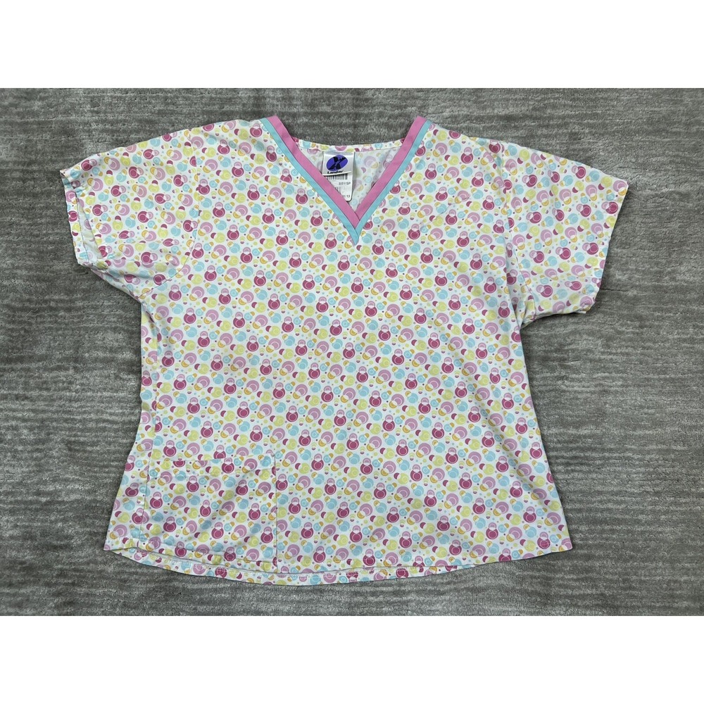 Landau Scrub Top Women 11/13 Multicolor Pacifier Print V-Neck Short Sleeve 6201